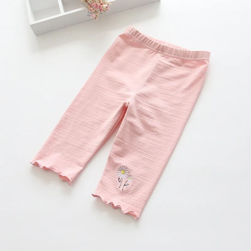 Яркие однотонные узкие длинные брюки-карандаш с цветочным принтом, модные хлопковые новые весенне-летние детские штаны с вышивкой подсолнуха для девочек - Цвет: Розовый