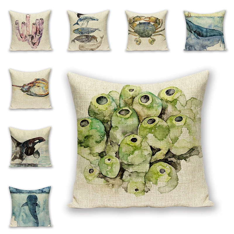 

Ocean Plants animal Cushion Covers Linen cotton Decorative Pillow cover Capa de Almofada Car Chair Couch Home Decor family Gifts