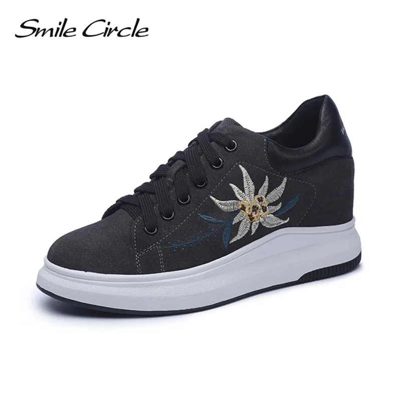 

Smile Circle Wedges sneakers Women Genuine Leather Embroidered Shoes Autumn Platforms Shoes High Heel casual shoes