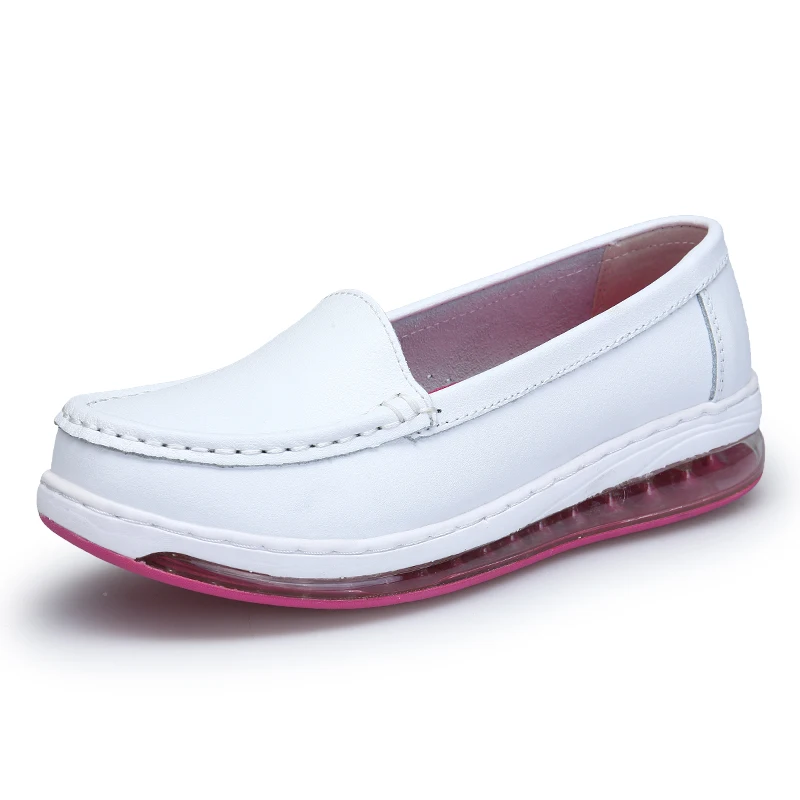 Women's White Air Cushion Nursing Shoes Real Leather Round Toe Career