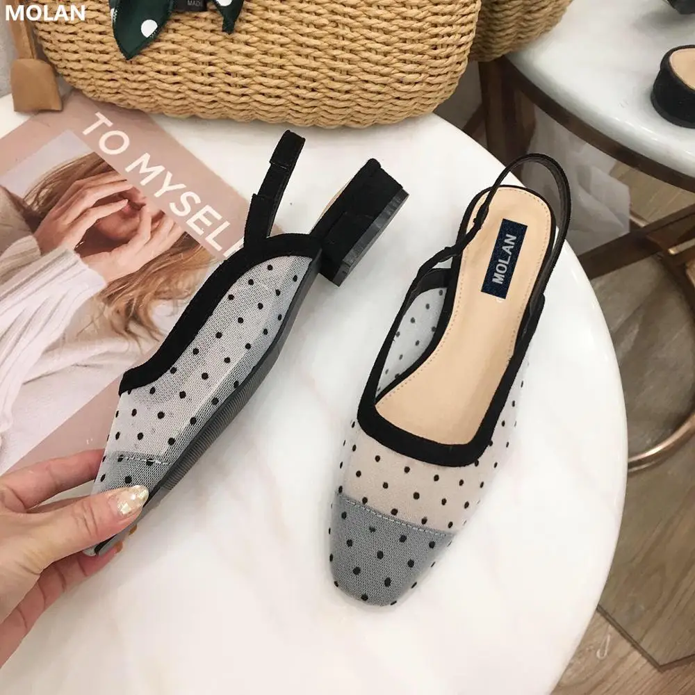 

MOLAN Brand Designers 2019 Summer Luxury Air Mesh Cross Tie Woman Sandals Polka Dot Low Heels 2cm Back Strap Lace Shoes Female