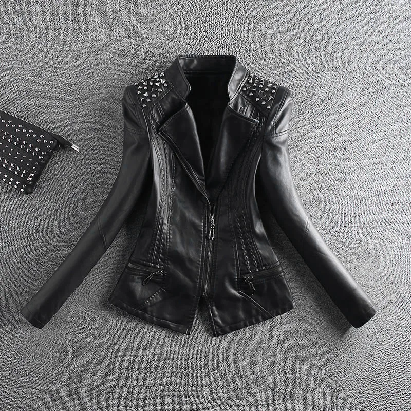 W1548 Coréenne Manteau Collier Moto Mince noir Vestes Automne Perles Veste Femmes M 4xl Cuir rouge Beige Stand 2018 De Courtes En Rivets Printemps Pu Rq75BXw