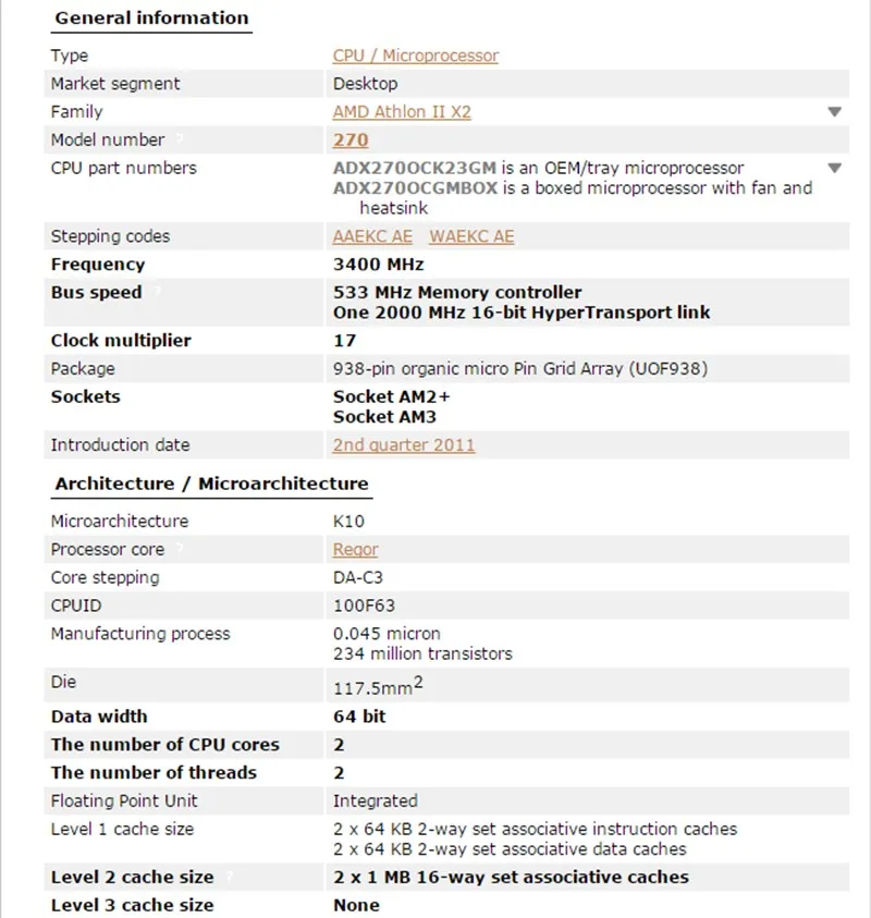 Процессор AMD Athlon II X2 270 ЦП 65 Вт 3,4 ГГц 938-pin двухъядерный ЦП настольный процессор X2 270 Socket processador AM3 AM2