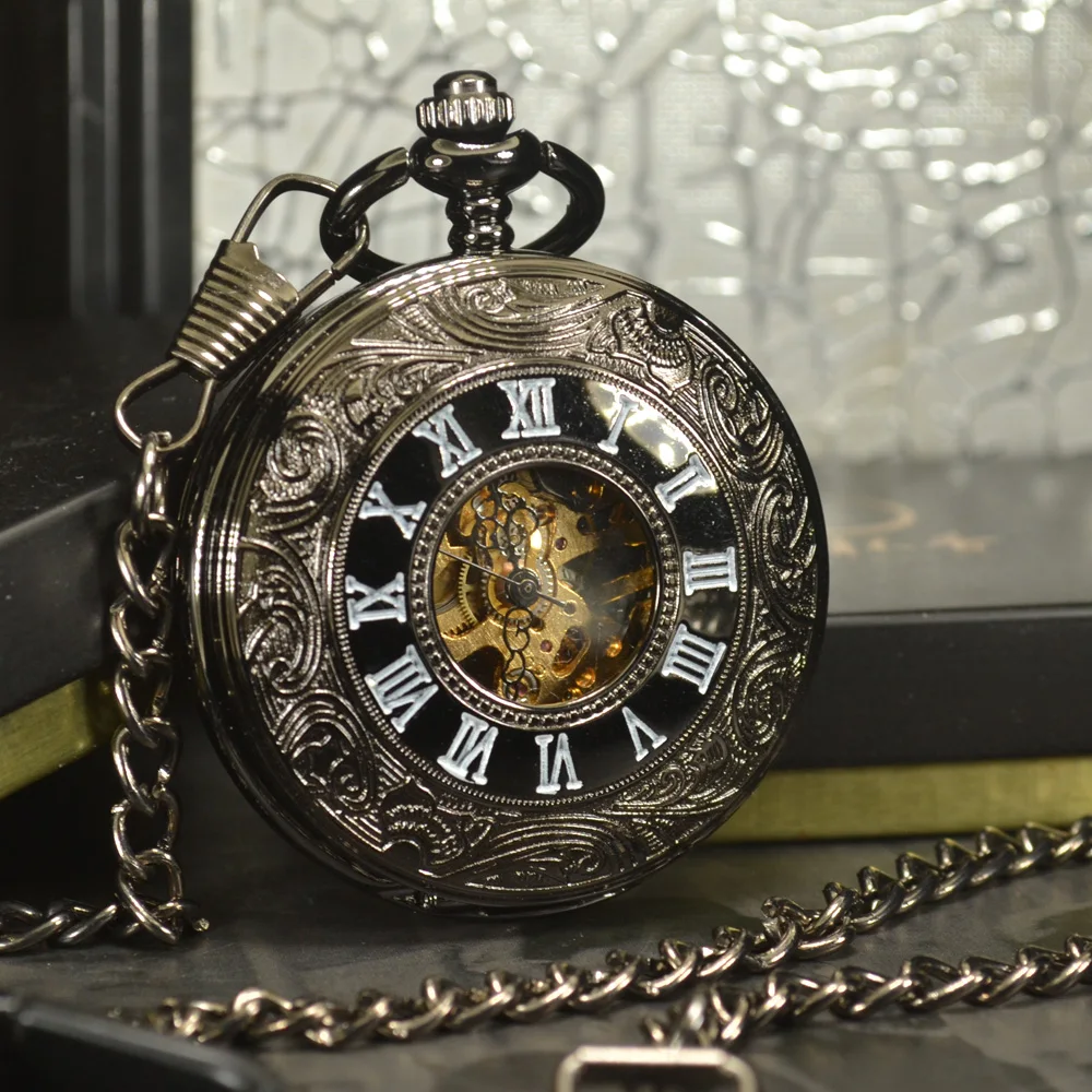 Tiedan Steampunk Luxury Fashion Antique Skeleton Mechanical Pocket Watch Men Chain Necklace