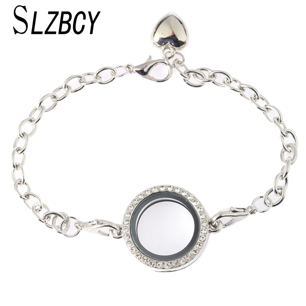 

Living Memory Floating Lockets Charms Bracelets Women Silver Gold Color Rhinestones Round Bracelet Bangle for Wife Jewelry Gift