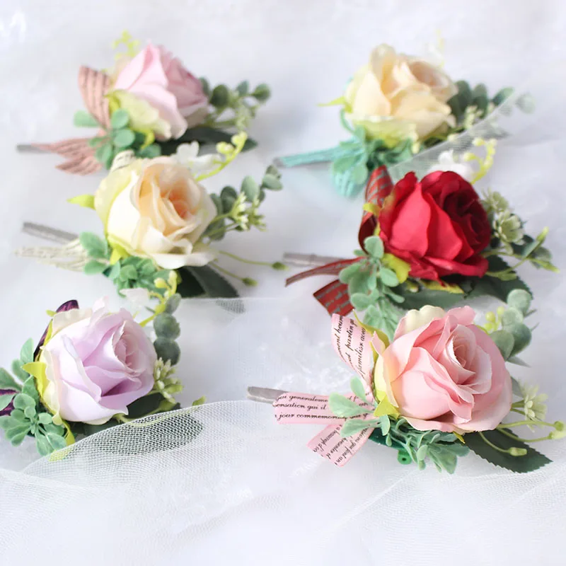 wedding wrist corsages boutonnieres bridal groom marriage pink red roses flower (1)