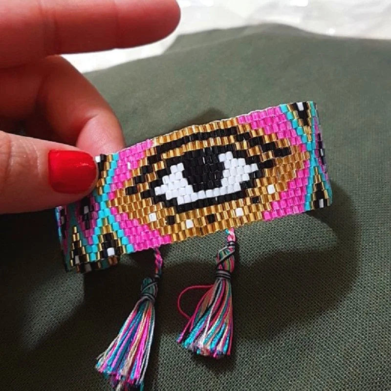 

Balibali Lucky 2.7 cm Width Exquisite Handmade Seed Beads Evil Eye Bracelet Bangle MIYUKI Woven Charm Bracelet for Women Gift