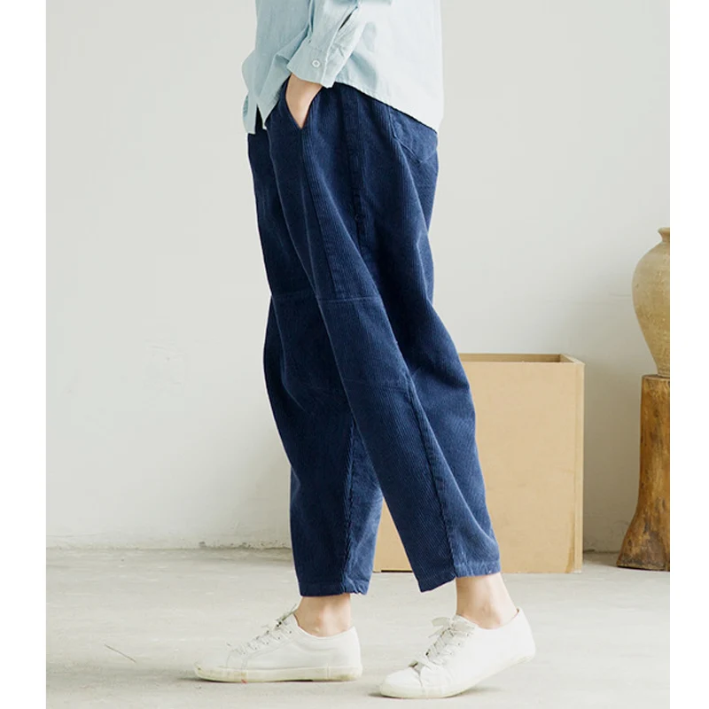 

SCUWLINEN 2019 Spring Women Pants Casual Solid Elastic Waist Corduroy Loose Long Cotton Harem Pants M7302