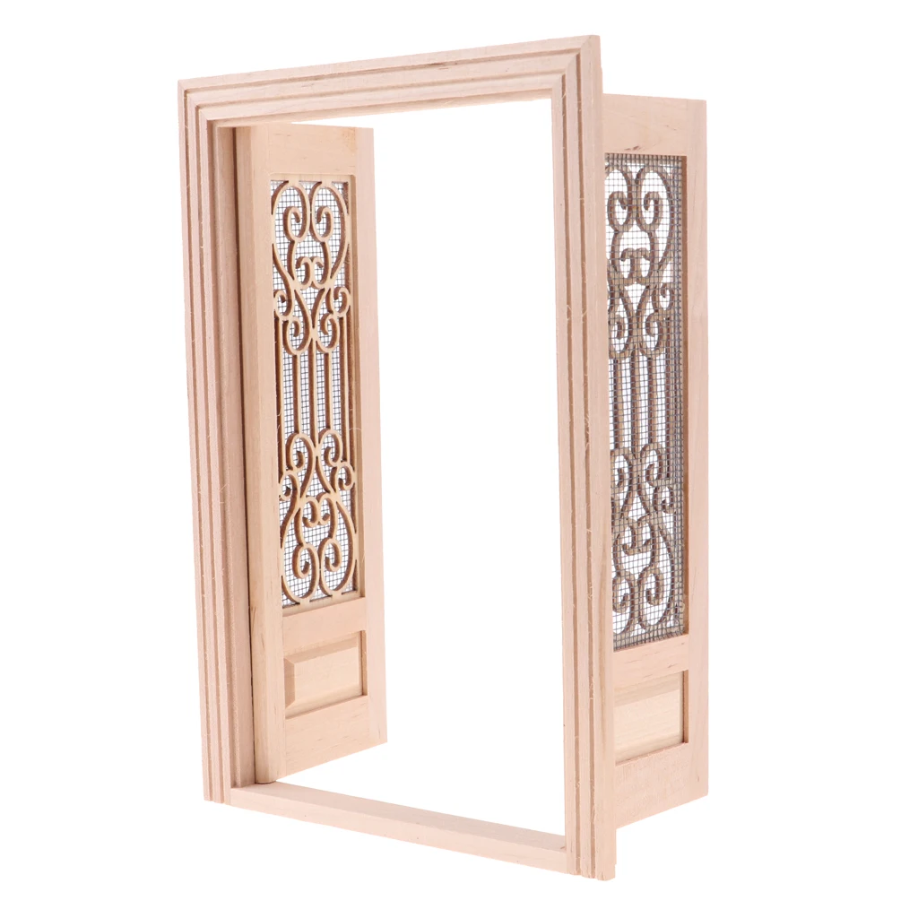 1/12 Scale Dollhouse Miniature Wood External Hollow Screen Double Door & Window Unpainted Furniture for Dolls House Accessory