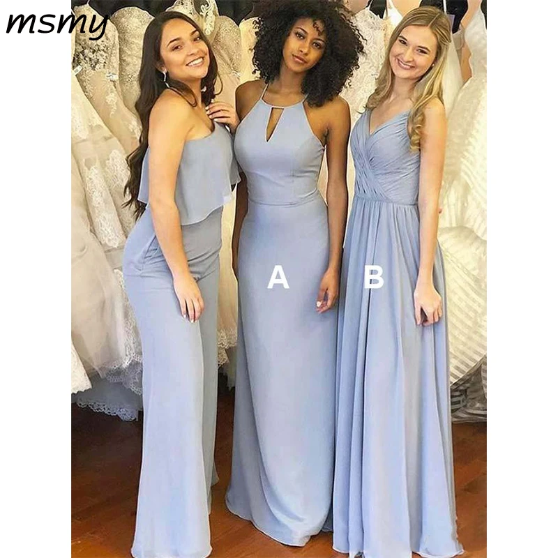 

Sky Blue Chiffon Bridesmaid Dresses Mixed Styles Sleeveless Floor Length Plus Size Maid of Honor Gown