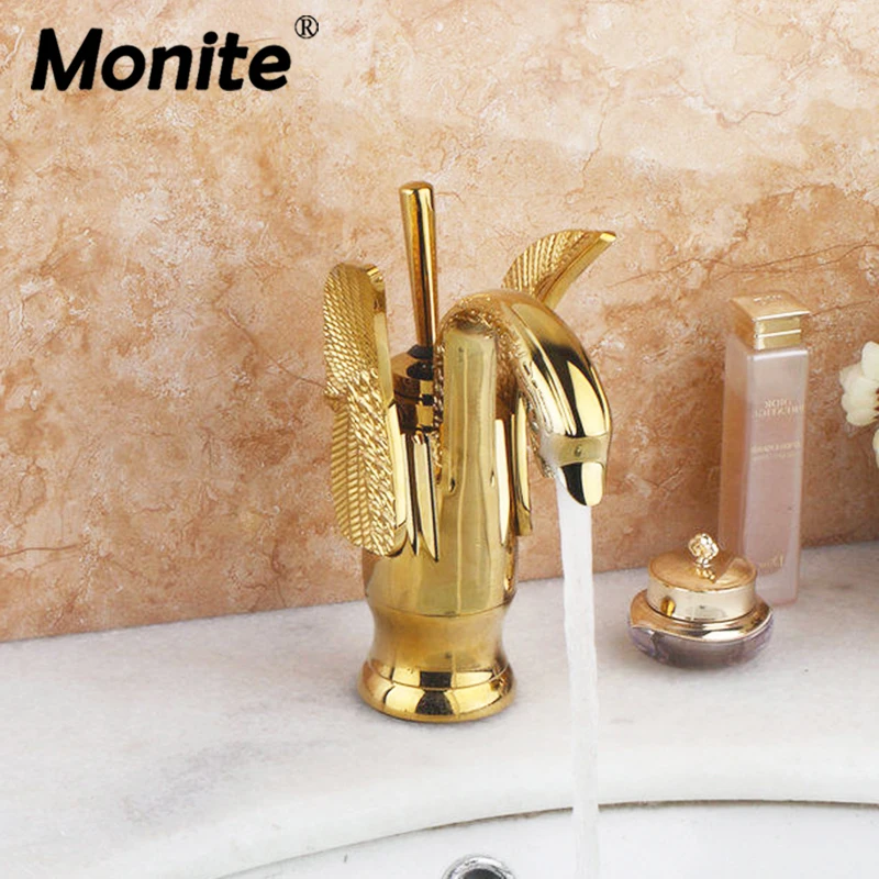 Monite Gold Polish Solib Brass Bathroom Basin Sink Faucets Luxury Golden Plated Mixer Deck Mount Single Handle Sink Faucet Taps
