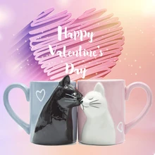 2-PCS Kiss Cat Coffee Couple Handmade Mug, Funny Tea Ceramic cup set for Bride and Groom, Matching Gift for Engagement Wedding