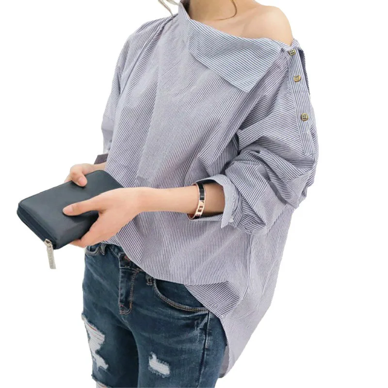 

Women Shirts Sexy Oblique Skew Neck Loose Stripes Blouse Office Lady Work Long Sleeve Shirt Womens Blouse Blue Grey Rose Top