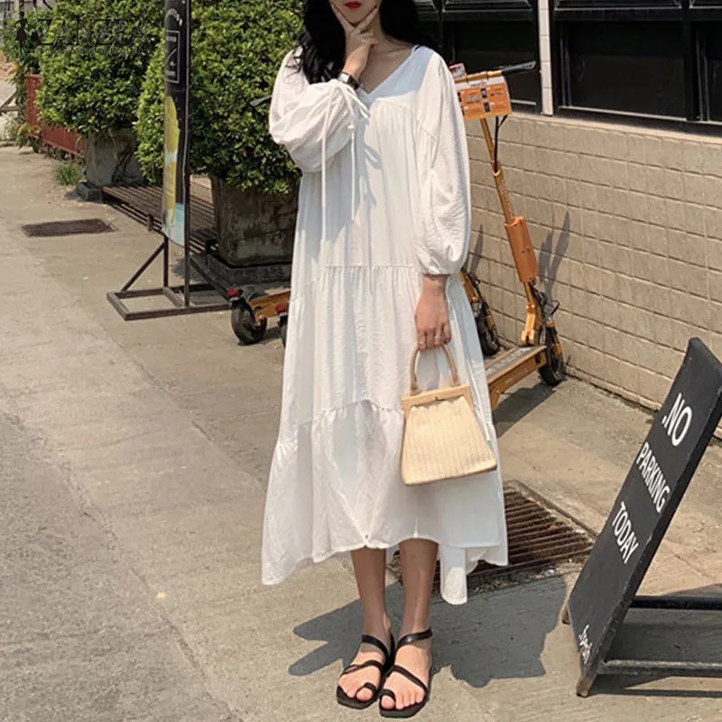 

ZANZEA Women V Neck Long Sleeve White Dresses Summer Beach Dress Casual Solid Robe Femme Party Sundress Pacthwork Long Vestido