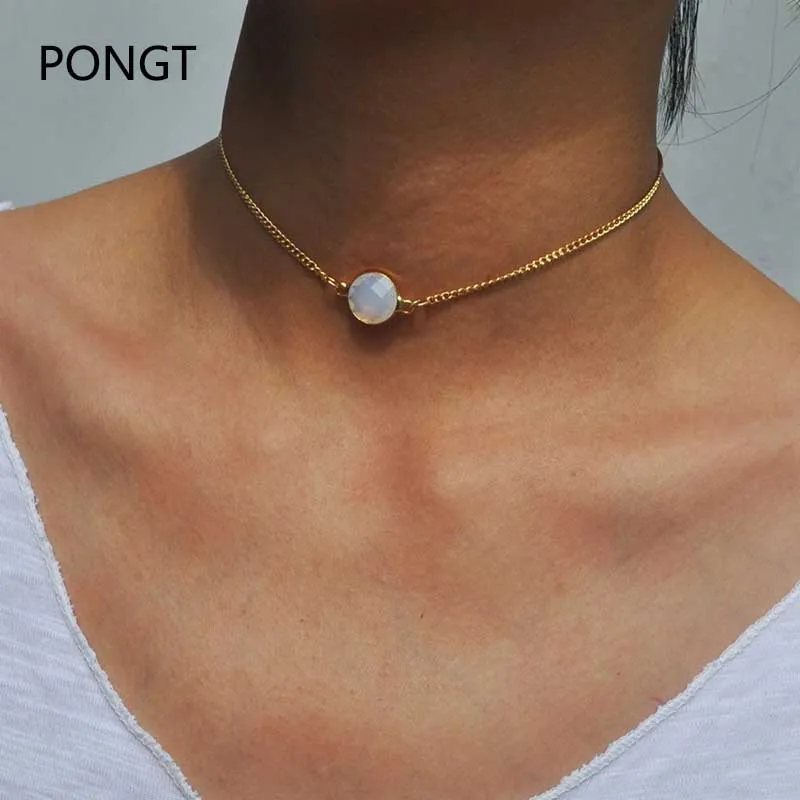 

natural Crystal stone chokers necklaces for women jewelry gold-color chain Pink crystal collares opal stone pendant necklace