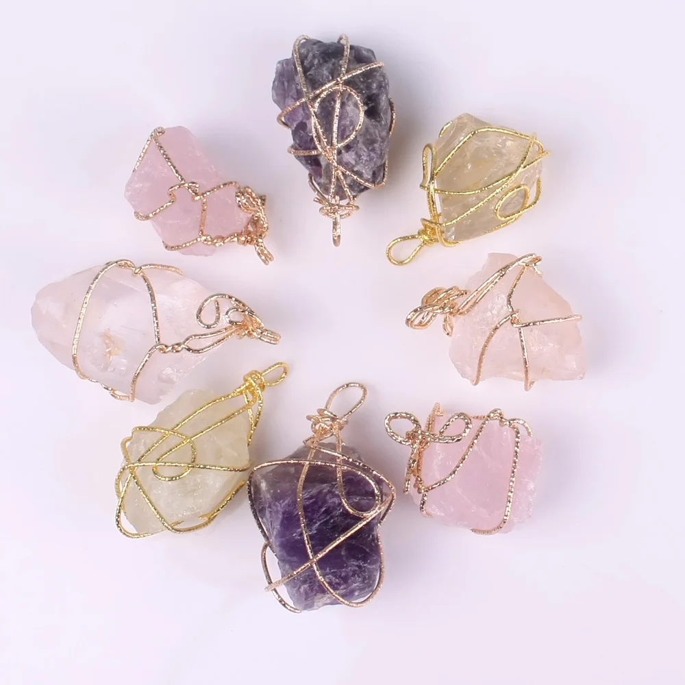 Классический ручной работы Twining нерегулярный натуральный камень кулон Фиолетовый Кристалл Розовый кристалл кварца ожерелье для женщин