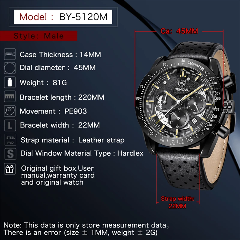  BENYAR Men's Watches Quartz Watch Sports Watch Men Chronograph Military Dial Wristwatches Mens Watc