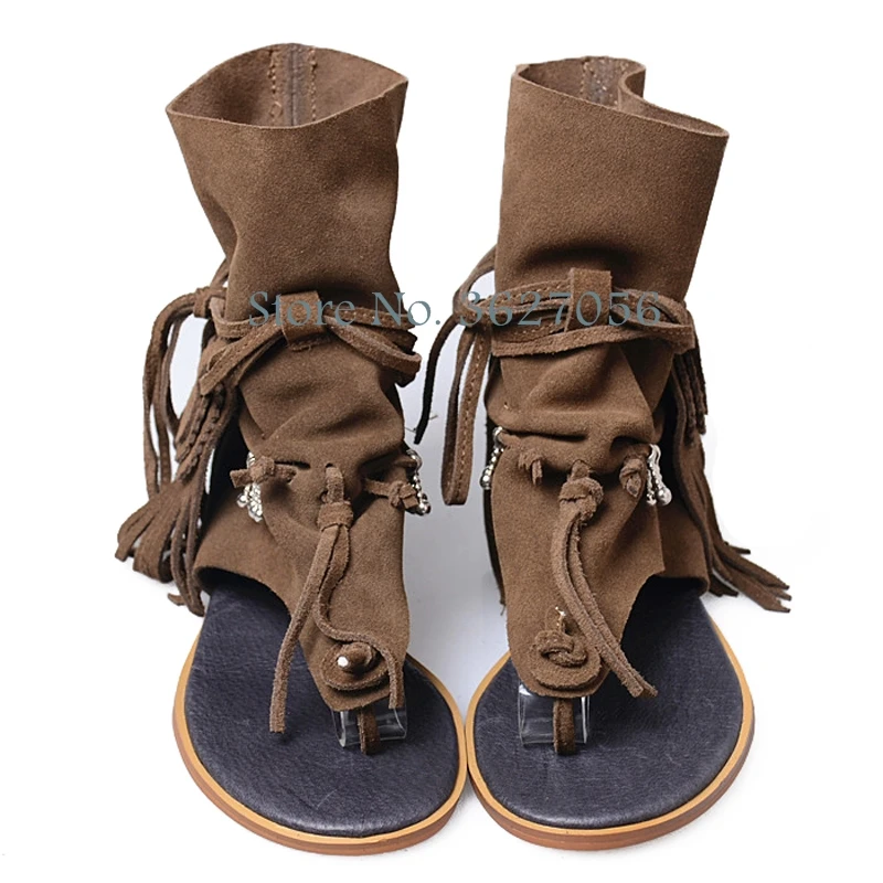 

Suede Fringe String Beaded Solid Ankle Strap Cross Tie Flat Flip Sandals Nubuck Casual Comfortable Roma Style Summer Shoes