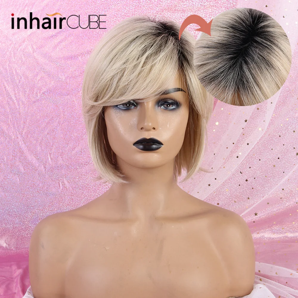 Inhaircube 1" Pixie Cut женские парики Омбре синтетические человеческие волосы с челкой пушистые слоистые натуральные волнистые короткие волосы