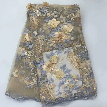 

2019 High quality Beads Stone 3D applique stereoscopic Swiss French net African tulle mesh lace fabric for dress 5y/Lot RL030504