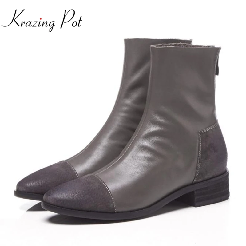

Krazing Pot Winter genuine leather med heel round toe beauty model Chelsea boots superstar pig suede mixed color ankle boots L05