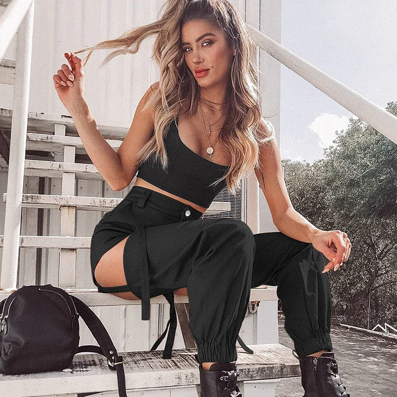 Sweetown Черный выдалбливают лоскутное Готический панковские штаны для женщин уличная Женская мода 2019 хип хоп Эластичный Высокая талия