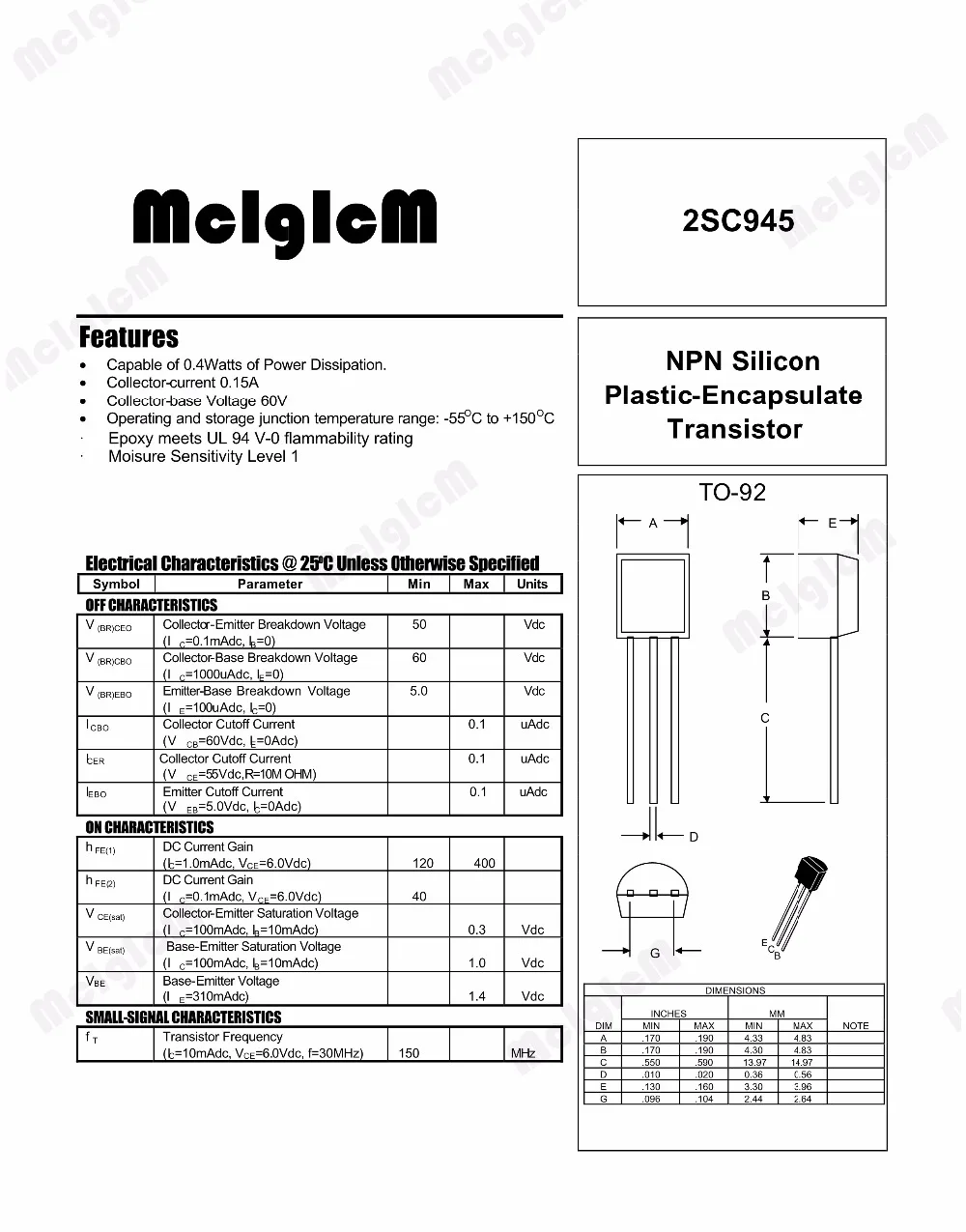 MCIGICM 100 шт C945 2SC945 0.15A 50V NPN in-line полупроводниковый Триод TO-92