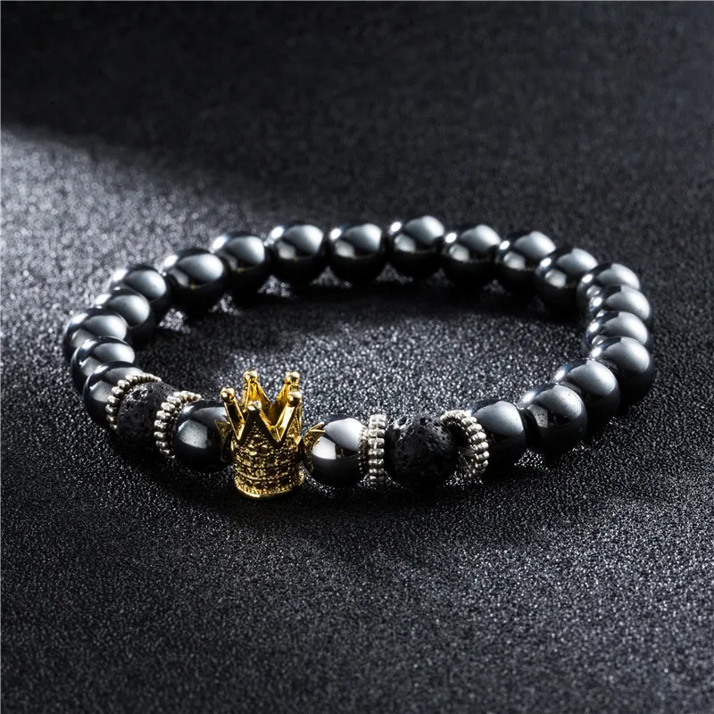 8 мм черный гематит и вулканический камень бисером мужской браслет для женщин Корона Мужская цепочка на руку влюбленные модные украшения