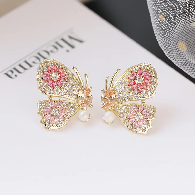 

925 Sterling Silver Needle Gold Color CZ Butterfly Stud Earrings Creative Colorful Sweety Ear Pins For Women 10759