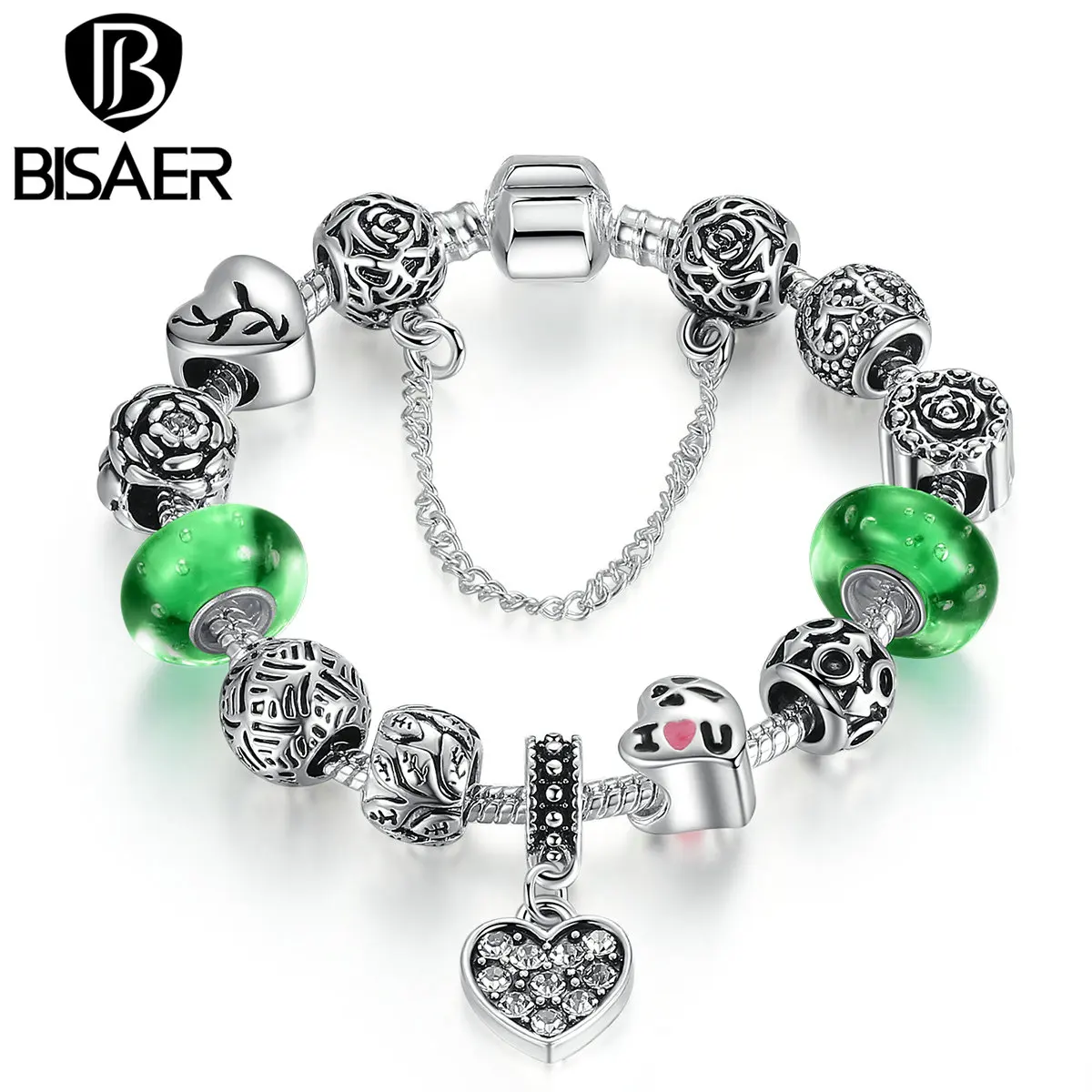 

Silver Color Green Glass Beads Safety Chain Snake Clasp Heart Pendant Charms Bracelet Women Ethnic Jewelry WEU1899