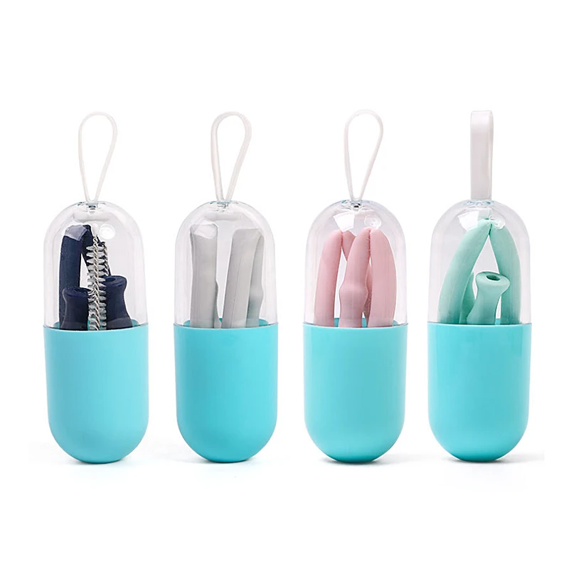 

Foldable Silicone Drinking Straws Reusable Collapsible Tubes With Cleaning Brush Carrying Box Travel Barware Tool Accessories
