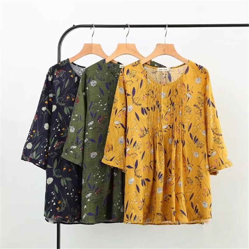 Skup Vintage Floral Wydrukowano Luźne O neck 3 4 Rękaw Cotton Linen Casual Bluzka Dziewczyny 2018 Nowe Letnie Kobiety Koszula Topy Plus Size a471