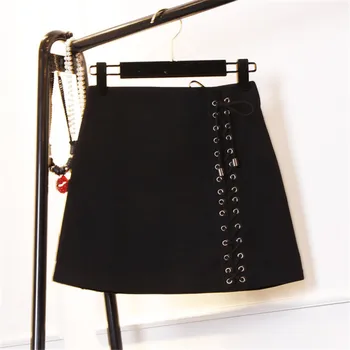 

Spring Autumn Retro Empire Suede A-Line Mini Solid Lace-up Skirt Female Women Jupe femme Falda de las mujeres