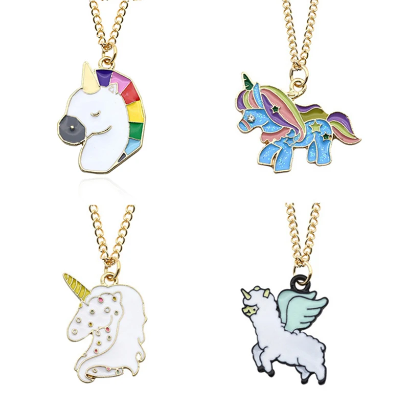 Trendy Unicorn Pendant Cute Cartoon Cute Alpaca Colorful Unicorns Necklace Gold Chains Childhood