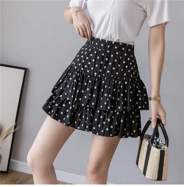 Высокая талия милый торт слоистых плиссированная юбка для женщин корейская мода Летние Короткие Мини в горошек юбки пачки femme