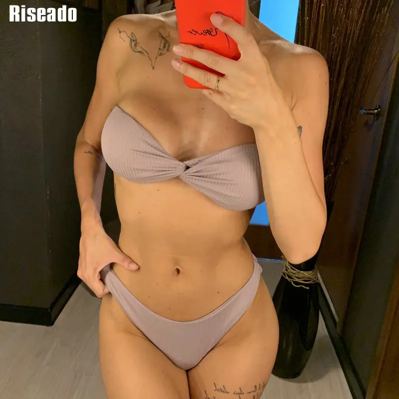 Riseado бандо купальник женский сексуальный микро бикини скрученный купальник Одноцветный купальный бикини бразильский бикини пляжная одежда