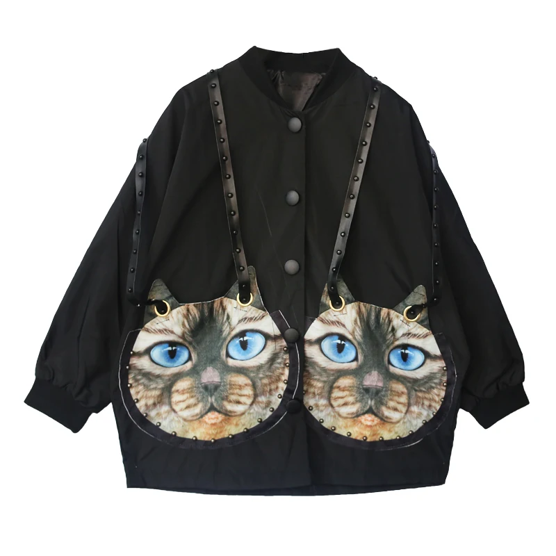 Personality design Autumn coat rivets Cat big Pockets patchwork Bat