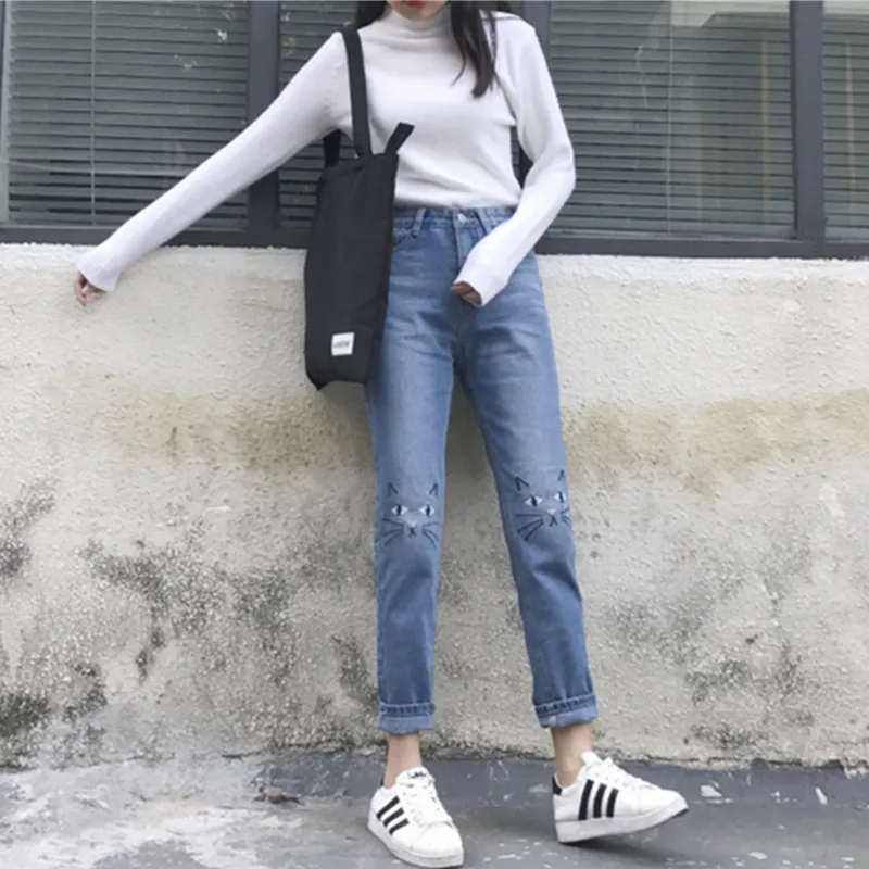 

spring Korean women's Embroidery waist slim cute cartoon Haren pants baggy jeans casual pants feet XY4018