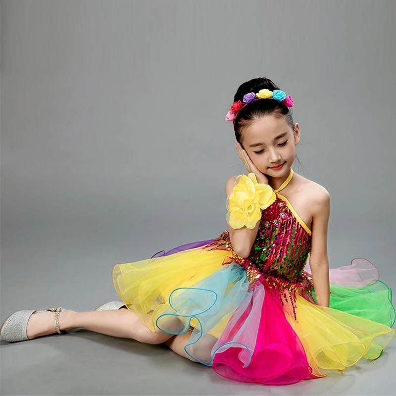 The new performance costumes children colorful dance sequins dress skirt performance princess skirt TB7068