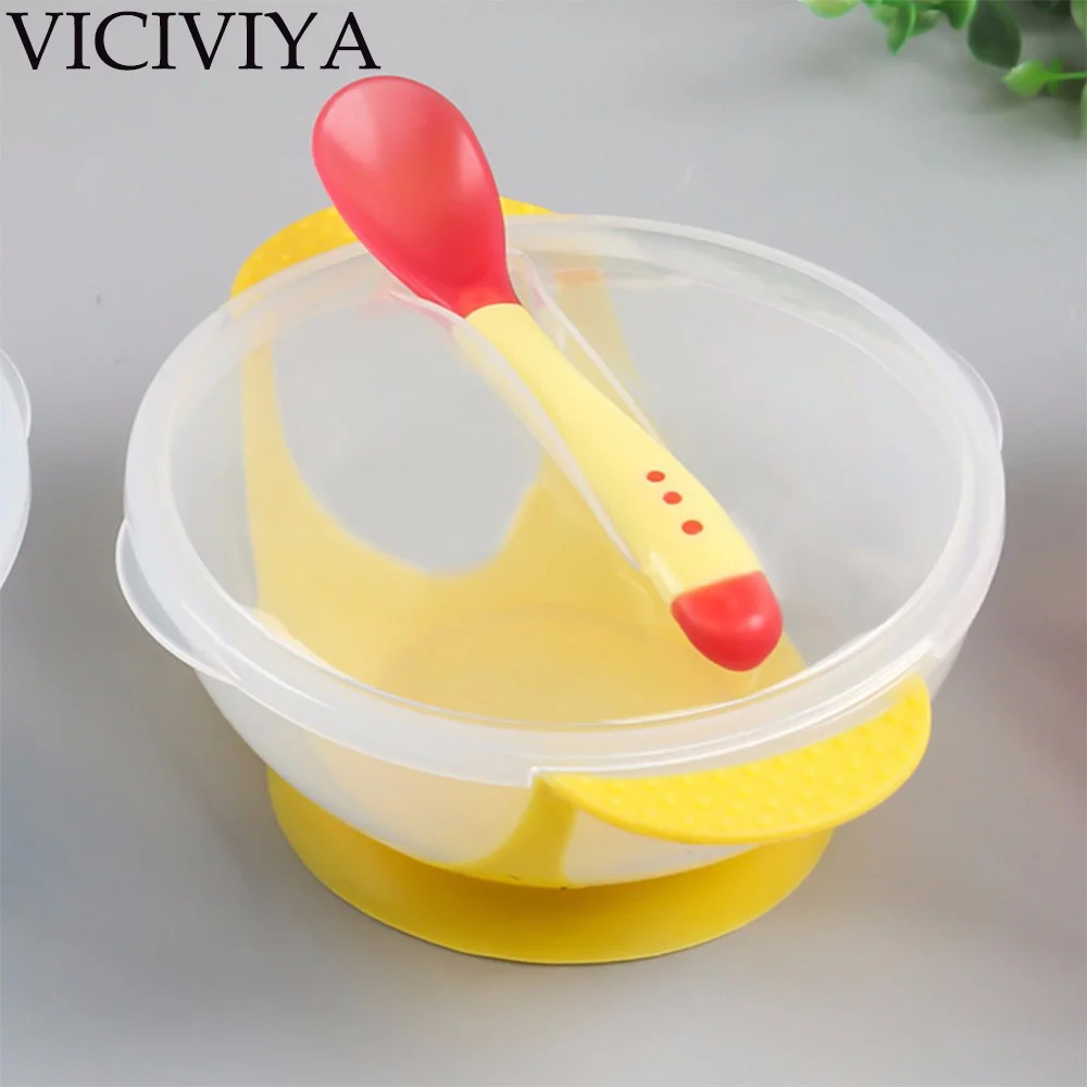 

Temperature Sensing Feeding Spoon Child Tableware Food Bowl Learning Dishes Service Plate Suction Cup Baby Dinnerware Set