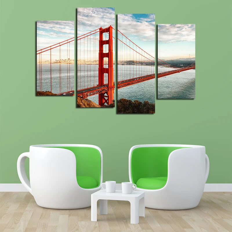 America Golden Gate Bridge 4 Panels Canvas Wall Art Cityscape Canvas Prints Paintings on Canvas for Living Room Wall Decorations (4)