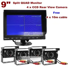 DIYKIT 9 Дюймов Сплит Quad Дисплей Заднего Вида Монитор + 4 x CCD ИК Камера Ночного Видения для Автомобилей Грузовик Автобус Система Видеонаблюдения