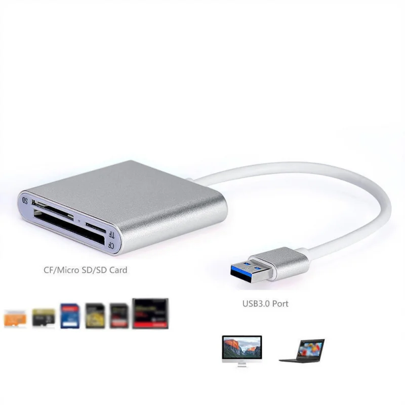 Алюминиевый Multi-in-1 USB 3,0 CF/SD/TF Micro SD/SDMD/MMC считыватель карт памяти Серебряный USB 3,0 кард-ридер все в одном для Ноутбуки ПК