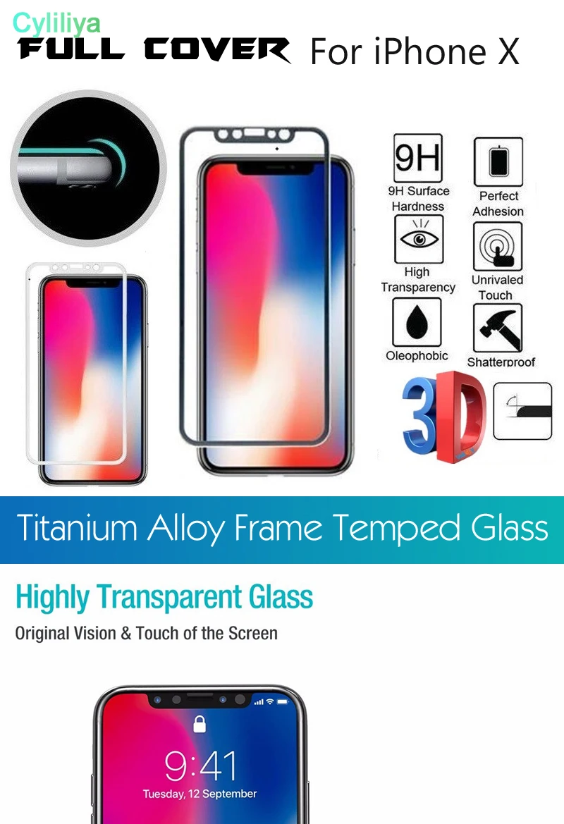 3D Titanium Alloy Frame Tempered Glass For Iphone X 5.8inch Screen Protector Full Cover Protective Film Front & Back 50pcs/lot |