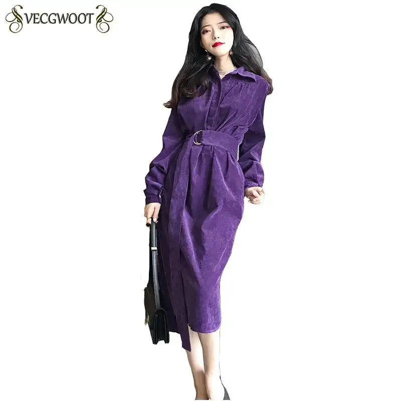 

Elegant Buckle Waist Belt Turndown Collar Corduroy Split Midi Long Dress Korean Women Vintage Clothes Slim Solid Winter UX07
