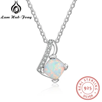 

925 Sterling Silver White Fire Opal Necklace Clear CZ Square Necklaces Pendant Fine Jewelry Gift for Women Girls (Lam Hub Fong)