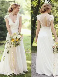 Свадебные платья в стиле Country Бохо шифоновое кружево 3D цветы Длина пола Глубокий v-образный вырез открытая спина красивые свадебные платья