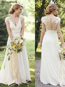 

Country Boho Wedding Dresses Chiffon Lace 3D Flowers Floor Length Open Back Sexy Long Beach Bridal Gowns Robe De Mariee Cheap