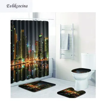 

Free Shipping 4Pcs Shine Night City Banyo Bath Mat Set Anti Slip Bathroom Mat Tapete Banheiro Washable Toilet Rugs Alfombra Bano