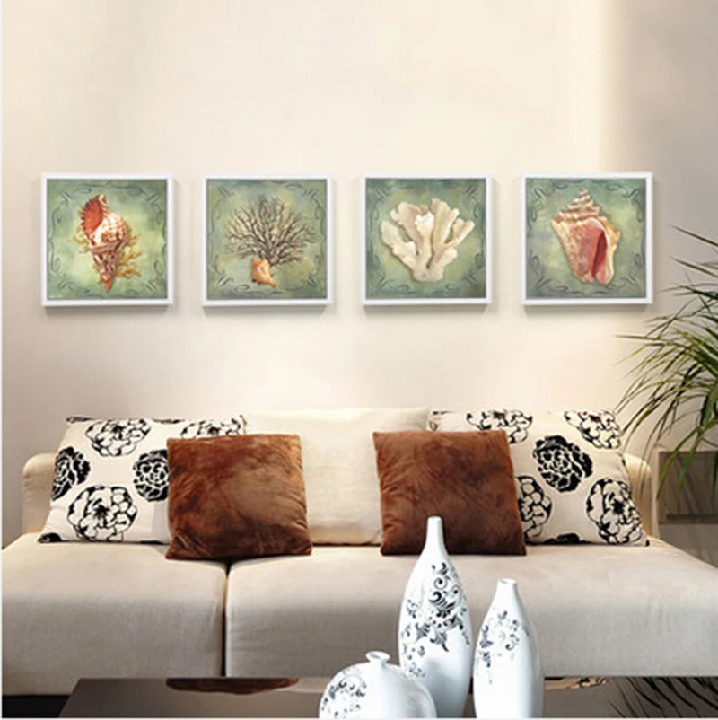 

4 piece canvas Painting 2015 fashion Shells and coral art Paint on Canvas Prints Non-woven Vintage Home Decoration